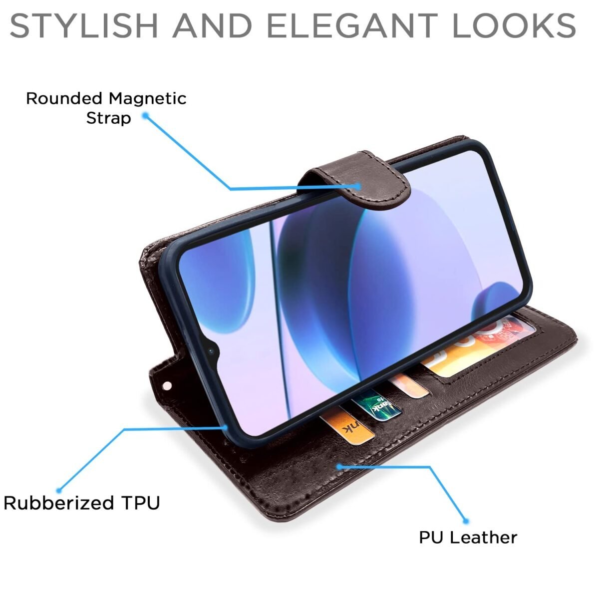 Realme C35 Flip Case Leather Finish | Inside TPU with Card Pockets | Wallet Stand and Shock Proof | Magnetic Closing | Complete Protection Flip Cover for Realme C35 (Coffee)