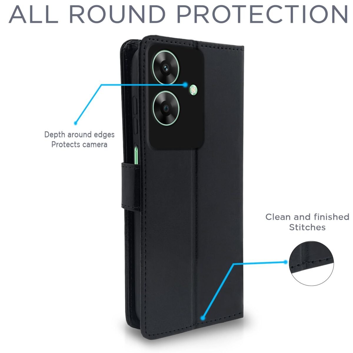 Flip Cover Leather Finish | Inside TPU with Card Pockets | Wallet Stand and Shock Proof | Complete Protection Flip Case for Realme C61 / Realme Narzo N61 (Black)