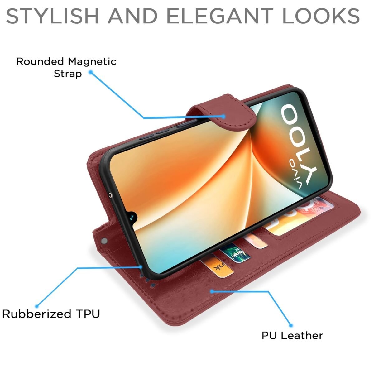 Vivo Y100 5G Flip Cover Leather Finish | Inside TPU with Card Pockets | Wallet Stand and Shock Proof | Complete Protection Flip Case (Brown)