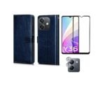 Vivo Y36 4G Flip Wallet Case (Blue) + Screen Tempered Glass + Camera Lens Protector | Shockproof & Full-Body Combo