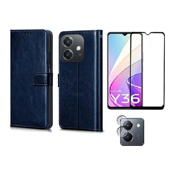 Vivo Y36 4G Flip Wallet Case (Blue) + Screen Tempered Glass + Camera Lens Protector | Shockproof & Full-Body Combo