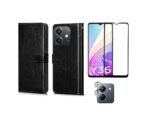 Vivo Y36 4G Black Leather Flip Cover + HD Tempered Glass & Camera Lens Guard | Complete 3-in-1 Protection Pack