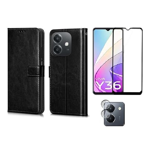 Vivo Y36 4G Black Leather Flip Cover + HD Tempered Glass & Camera Lens Guard | Complete 3-in-1 Protection Pack