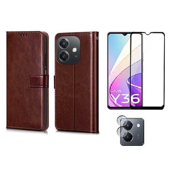 Combo for Vivo Y36 4G: Premium Leather Flip Case (Brown)+ Tempered Glass + Camera Lens Guard