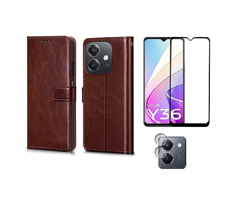 Combo for Vivo Y36 4G: Premium Leather Flip Case (Brown)+ Tempered Glass + Camera Lens Guard Combo for Vivo Y36 4G: Premium Leather Flip Case (Brown)+ Tempered Glass + Camera Lens Guard