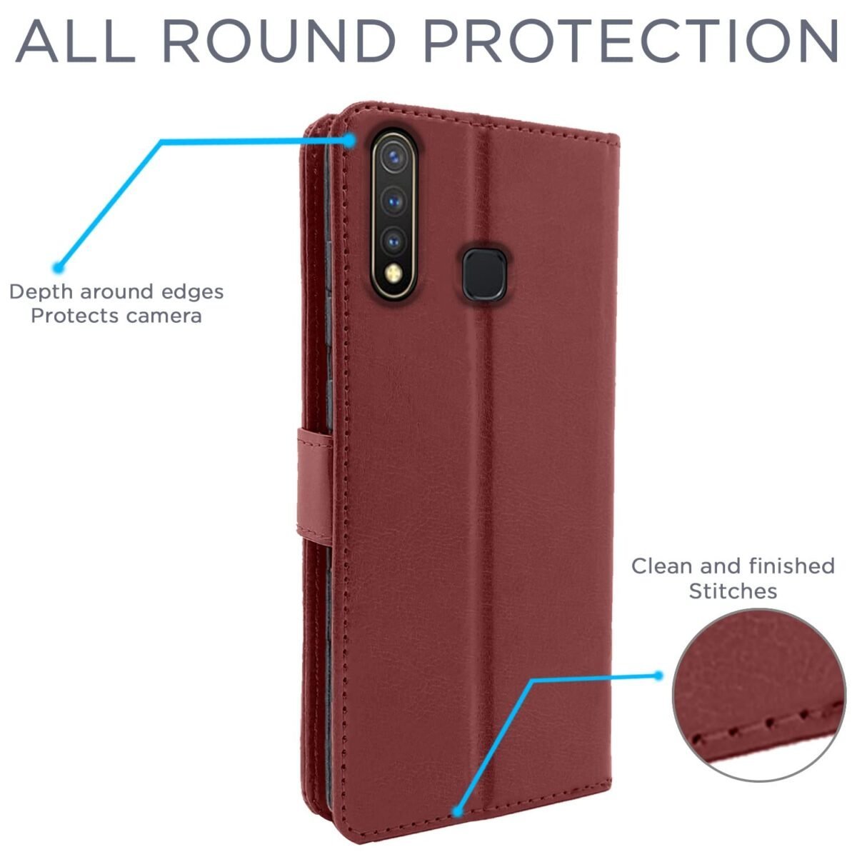 Brown Leather Magnetic Vintage Flip Wallet Case Cover for Vivo U20 / Y19