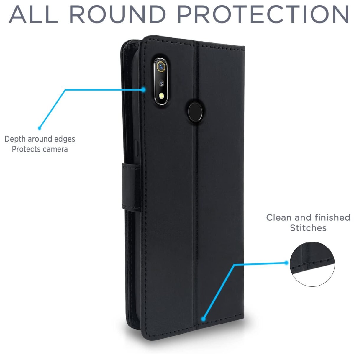 Realme 3 / 3i Flip Case Leather Finish | Inside TPU with Card Pockets | Wallet Stand and Shock Proof | Magnetic Closing | Complete Protection Flip Cover for Realme 3 / 3i (Black)
