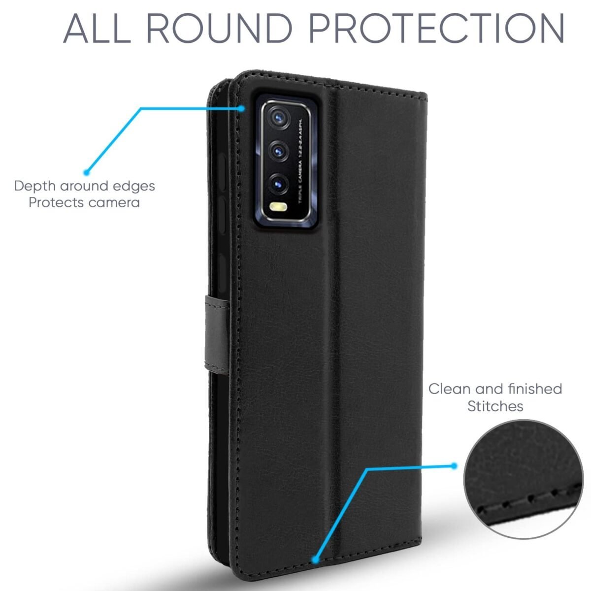 Vivo Y12s / Y20 / Y20i / Y20G Flip Case Leather Finish | Inside TPU with Card Pockets | Wallet Stand and Shock Proof | Magnetic Closing | Complete Protection Flip Cover (Black)