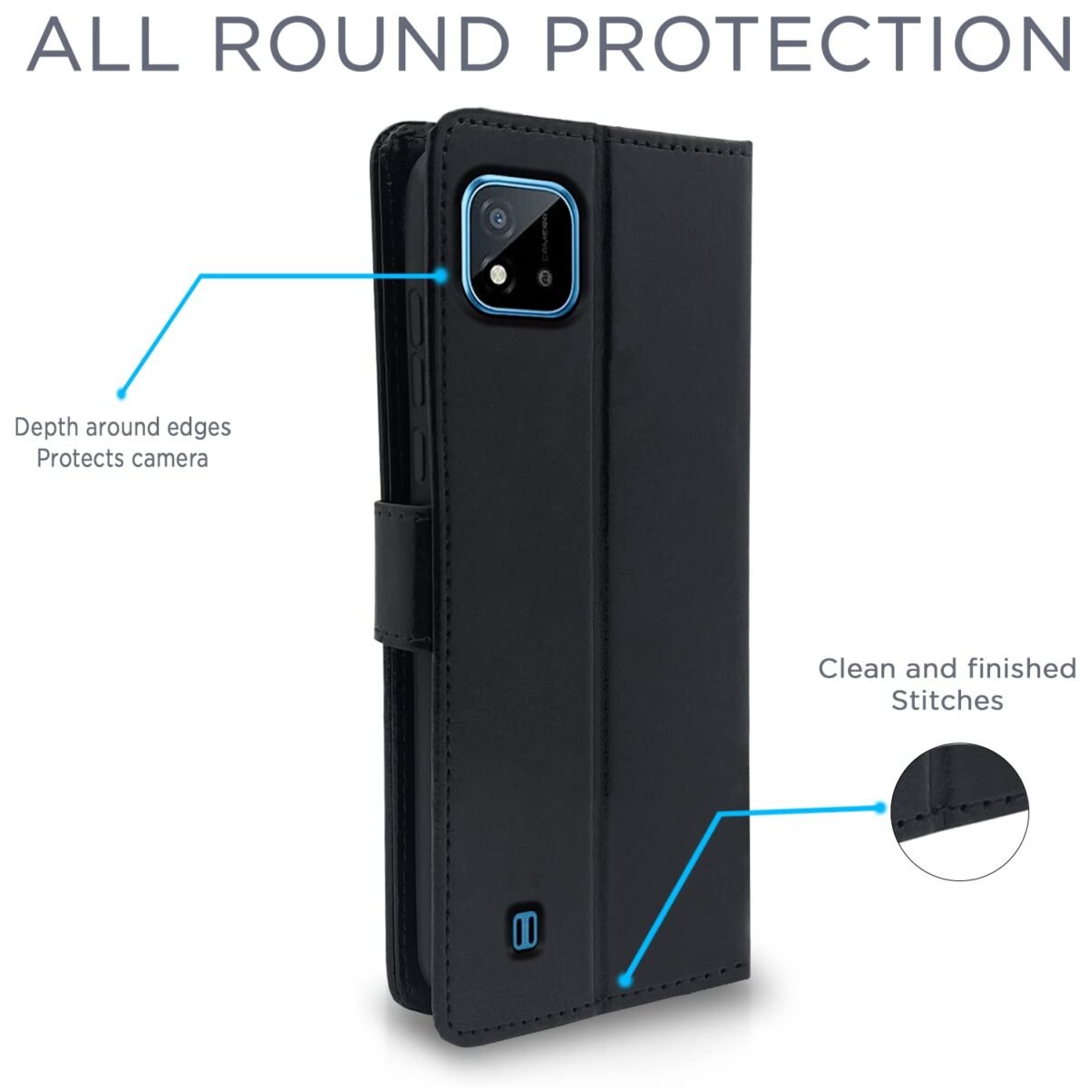 Realme C20 Flip Case Leather Finish | Inside TPU with Card Pockets | Wallet Stand and Shock Proof | Magnetic Closing | Complete Protection Flip Cover for Realme C20 (Black)