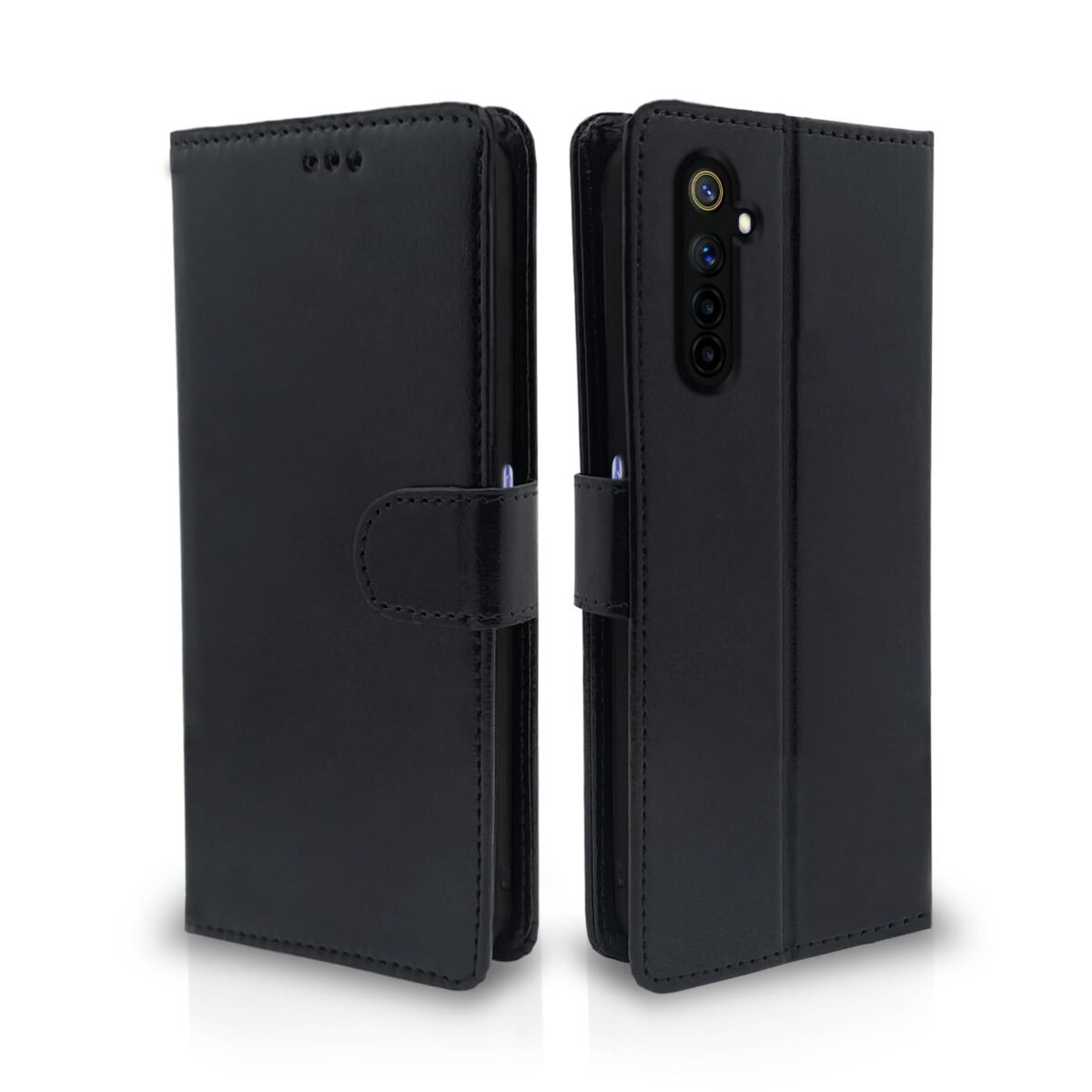 Realme 6 / 6i Flip Case Leather Finish | Inside TPU with Card Pockets | Wallet Stand and Shock Proof | Magnetic Closing | Complete Protection Flip Cover for Realme 6 / 6i (Black)