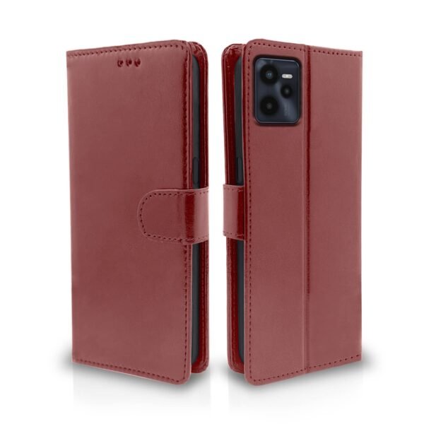 Realme C35 Flip Cover | PU Leather Finish | 360 Protection | Wallet & Stand | Strong Magnetic Flip Case for Realme C35 (Brown)