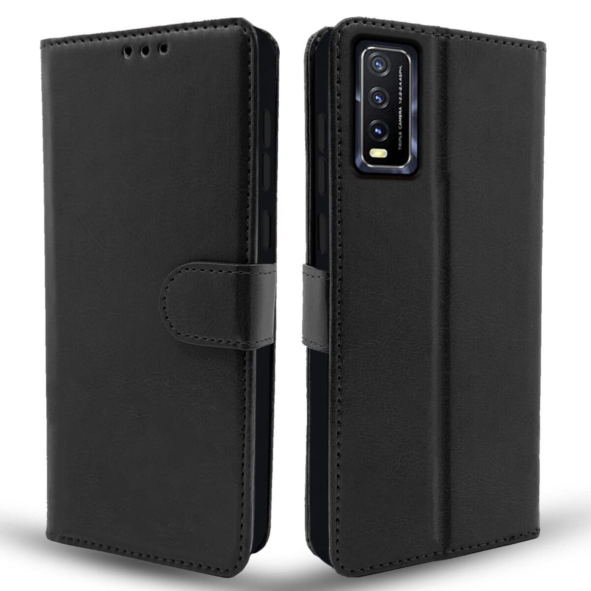Vivo Y12s / Y20 / Y20i / Y20G Flip Case Leather Finish | Inside TPU with Card Pockets | Wallet Stand and Shock Proof | Magnetic Closing | Complete Protection Flip Cover (Black)
