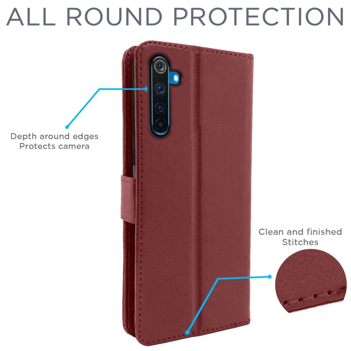 Realme 6 Pro Flip Case Leather Finish | Inside TPU with Card Pockets | Wallet Stand and Shock Proof | Magnetic Closing | Complete Protection Flip Cover for Realme 6 Pro (Brown)