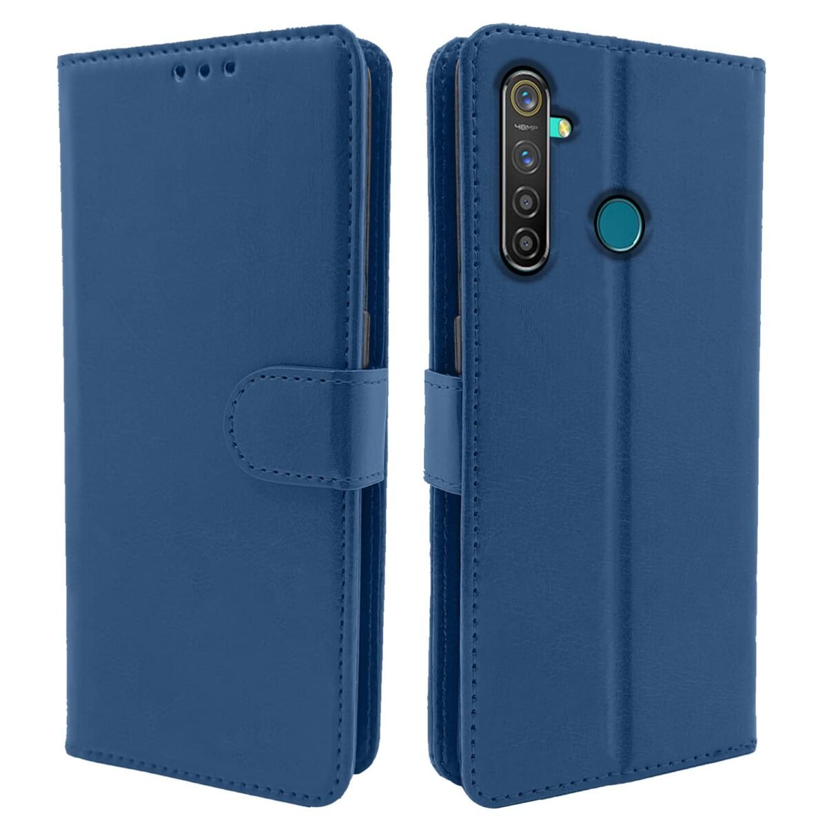 Realme 5 Pro Flip Case Leather Finish | Inside TPU with Card Pockets | Wallet Stand and Shock Proof | Magnetic Closing | Complete Protection Flip Cover for Realme 5 Pro (Blue)