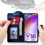 Shock Proof Flip Cover Back Case Cover for Vivo Y16 | Vivo Y56 | Vivo T2X (Flexible | Leather Finish | Card Pockets Wallet & Stand | Blue)