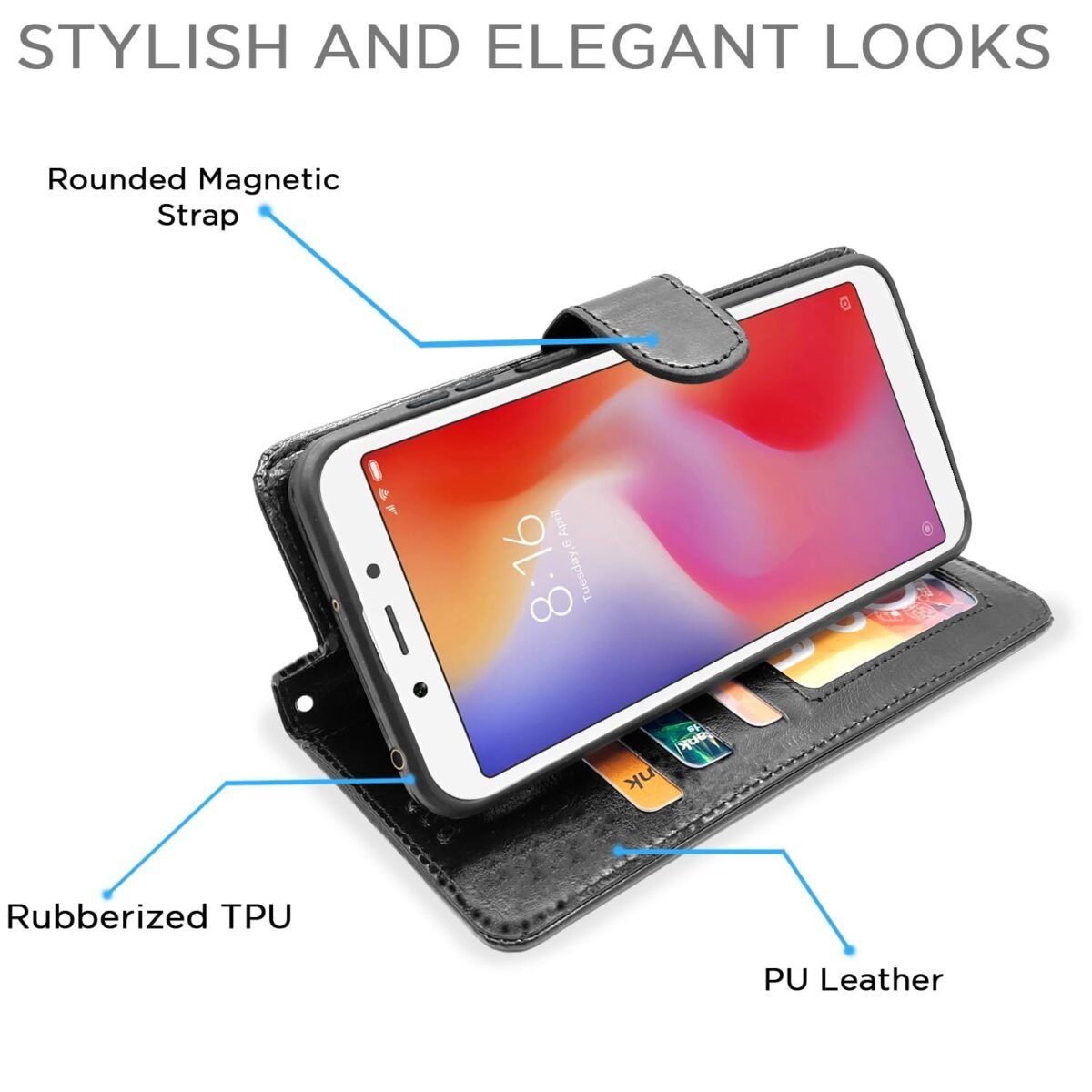 Redmi 6 Flip Cover Leather Finish | Inside TPU with Card Pockets | Wallet Stand and Shock Proof | Complete Protection Flip Case (Black)