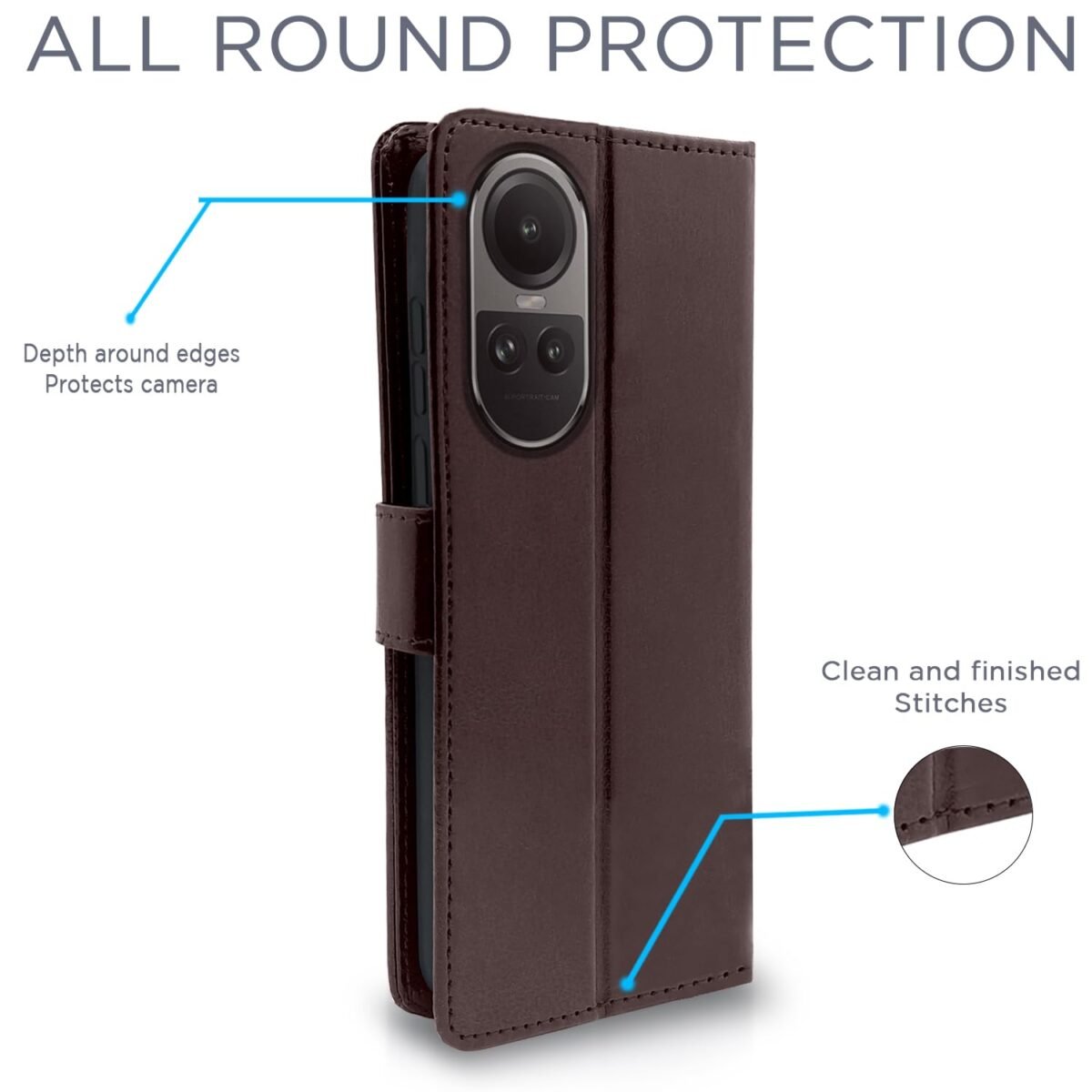 Oppo Reno 10 Pro 5G Flip Cover Leather Finish | Inside TPU with Card Pockets | Wallet Stand and Shock Proof | Complete Protection Flip Case (Coffee)