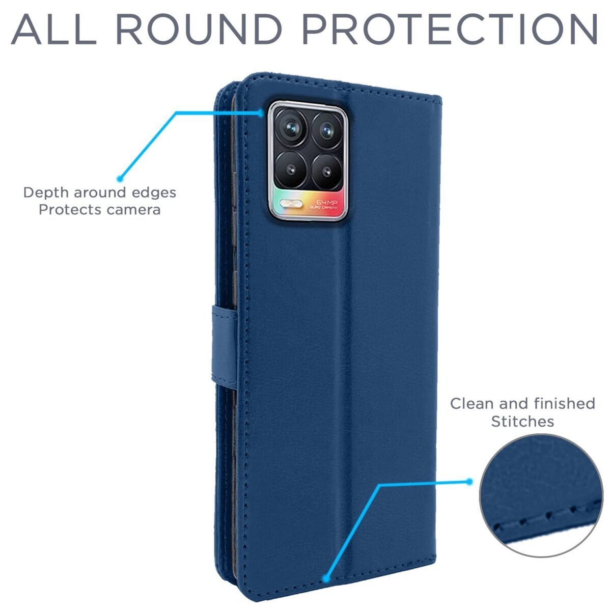 Realme 8 4G / 8 Pro Flip Case Leather Finish | Inside TPU with Card Pockets | Wallet Stand and Shock Proof | Magnetic Closing | Complete Protection Flip Cover for Realme 8 4G / 8 Pro (Blue)