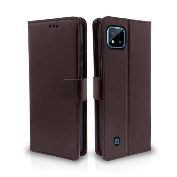 Realme C20 Flip Case Leather Finish | Inside TPU with Card Pockets | Wallet Stand and Shock Proof | Magnetic Closing | Complete Protection Flip Cover for Realme C20 (Coffee)