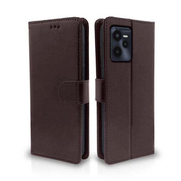 Realme C35 Flip Case Leather Finish | Inside TPU with Card Pockets | Wallet Stand and Shock Proof | Magnetic Closing | Complete Protection Flip Cover for Realme C35 (Coffee)