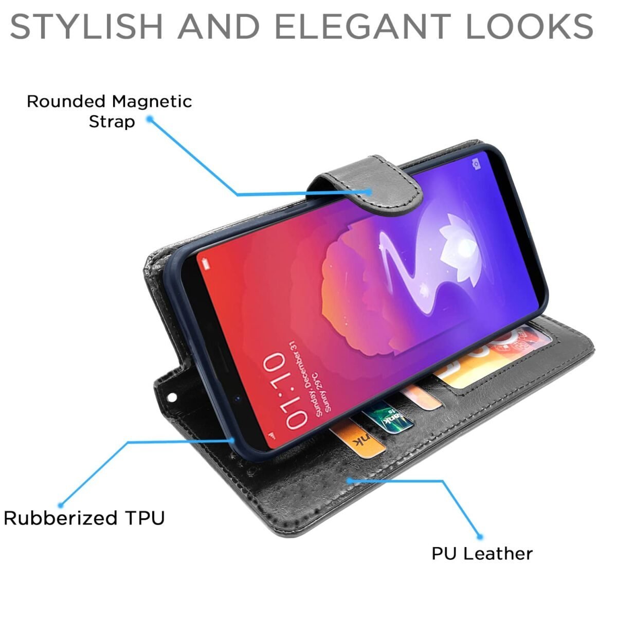 Realme 1 Flip Case Leather Finish | Inside TPU with Card Pockets | Wallet Stand and Shock Proof | Magnetic Closing | Complete Protection Flip Cover for Realme 1 (Black)