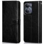 Shock Proof Flip Cover Back Case Cover for Vivo Y16 | Vivo Y56 | Vivo T2X (Flexible | Leather Finish | Card Pockets Wallet & Stand | Black)