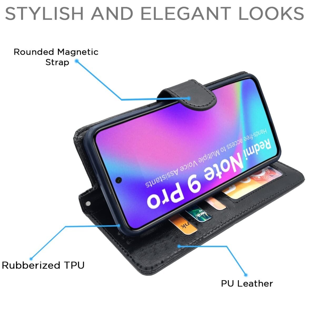 Redmi Note 9 Pro/Note 9 Pro Max/Poco M2 Pro/Redmi Note 10 Lite Flip Cover Leather Finish | Inside TPU with Card Pockets | Wallet Stand | Complete Protection Flip Case (Black)