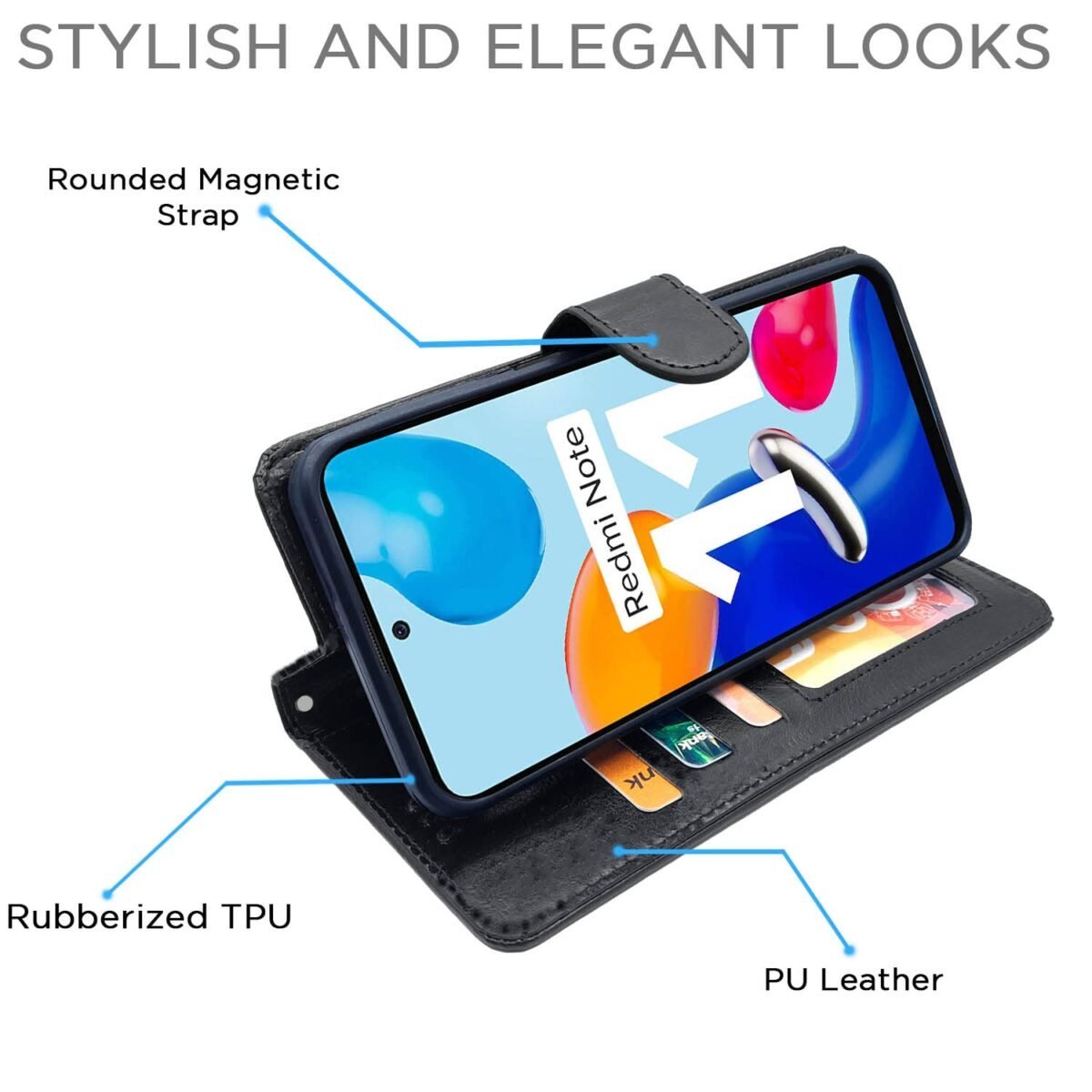 Mi Redmi Note 11 / Note 11s Flip Cover | PU Leather Finish | 360 Protection | Wallet & Stand | Strong Magnetic Flip Case for Mi Redmi Note 11 / Note 11s (Black)