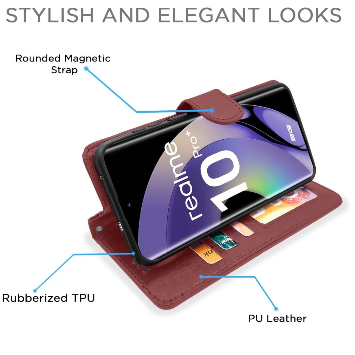 Realme 10 Pro Plus 5G Flip Cover Leather Finish | Inside TPU with Card Pockets | Wallet Stand and Shock Proof | Complete Protection Flip Case (Brown)