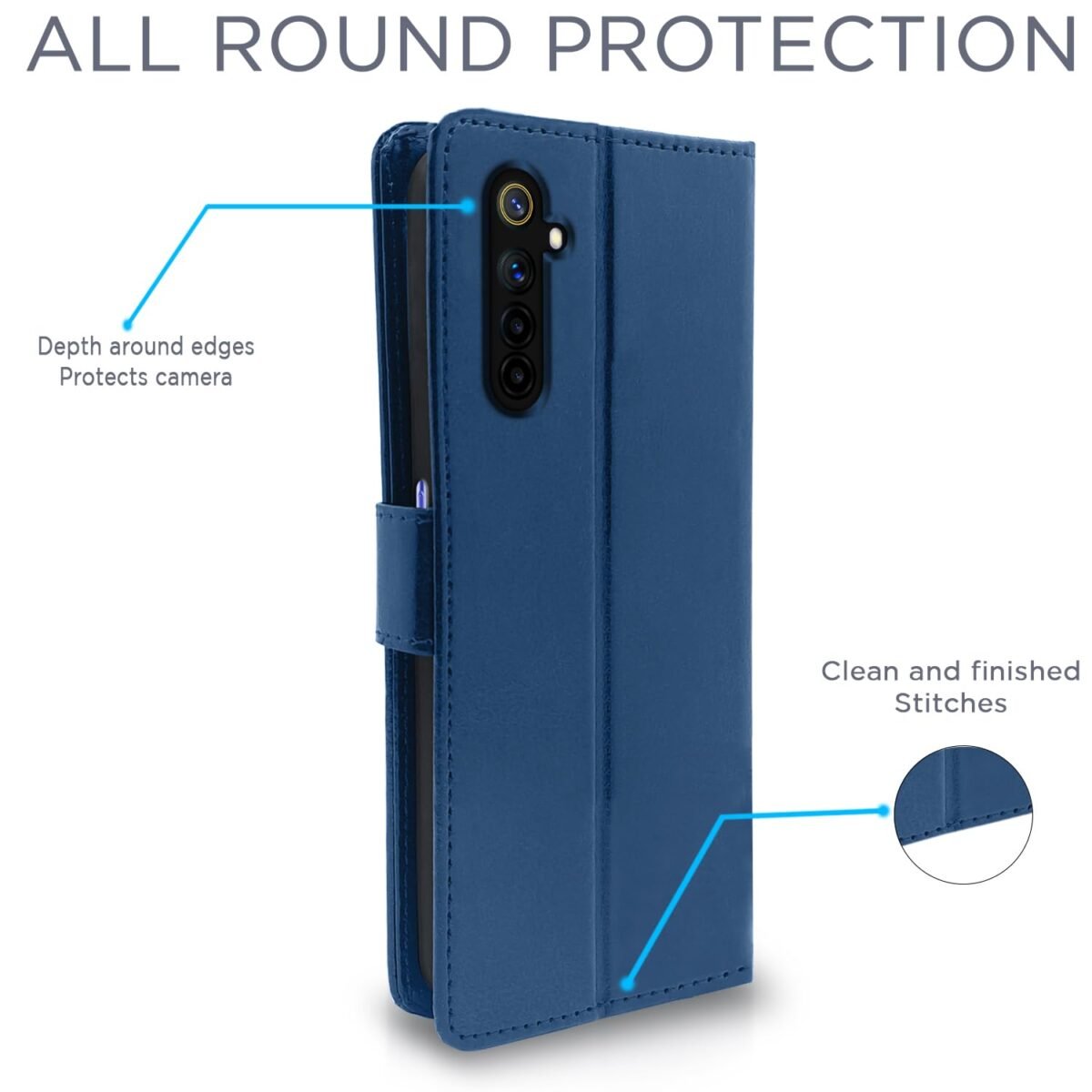 Realme 6 Flip Case Leather Finish | Inside TPU with Card Pockets | Wallet Stand and Shock Proof | Magnetic Closing | Complete Protection Flip Cover for Realme 6 (Blue)