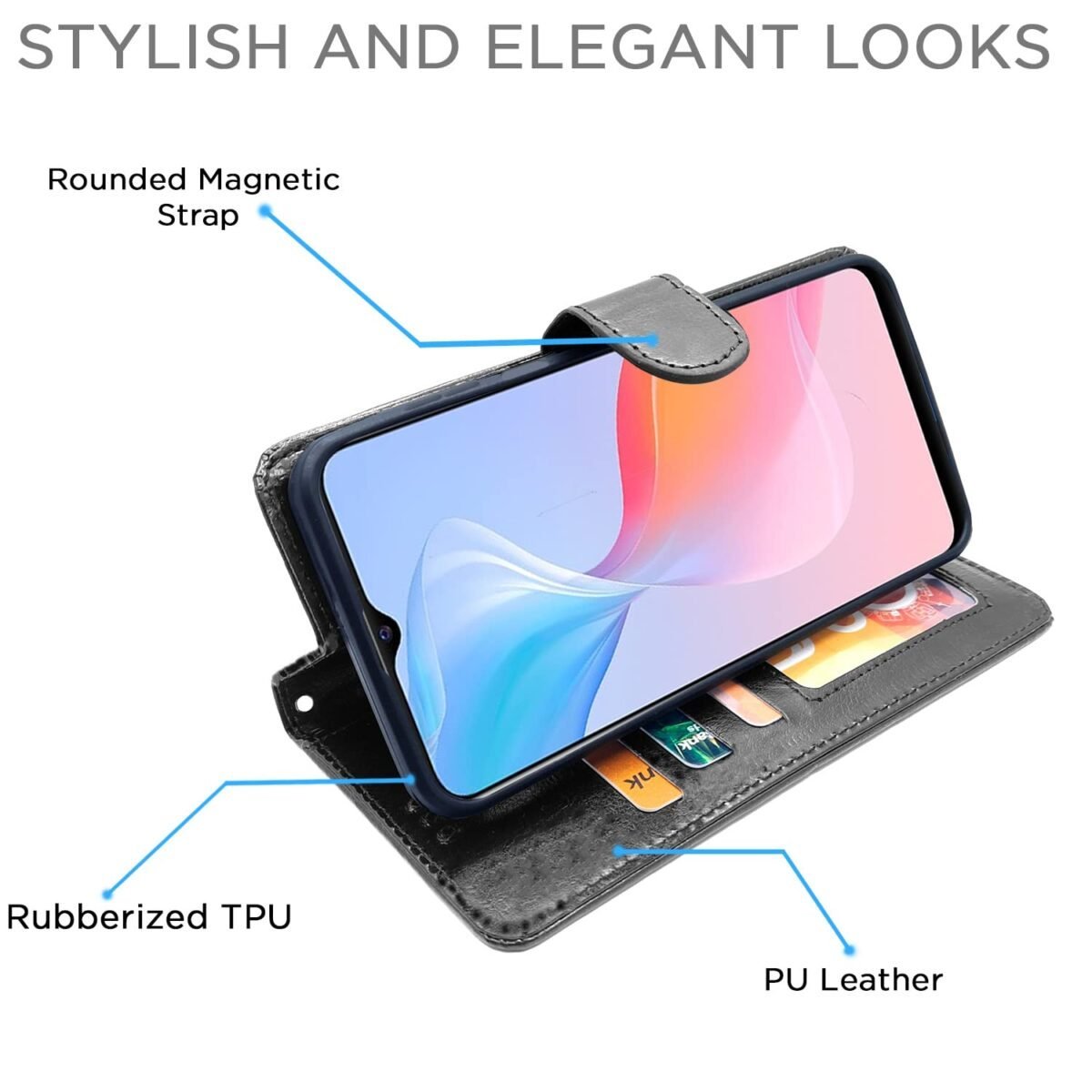 Vivo Y21 2021 / Y33s Flip Case Leather Finish | Inside TPU with Card Pockets | Wallet Stand and Shock Proof | Magnetic Closing | Complete Protection Flip Cover for Vivo Y21 2021 / Y33s (Black)
