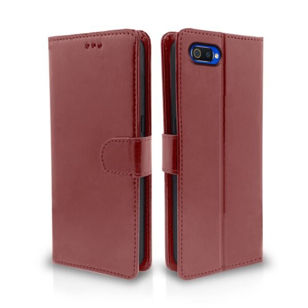 Realme C2 Flip Case Leather Finish | Inside TPU with Card Pockets | Wallet Stand and Shock Proof | Magnetic Closing | Complete Protection Flip Cover for Realme C2 (Brown)