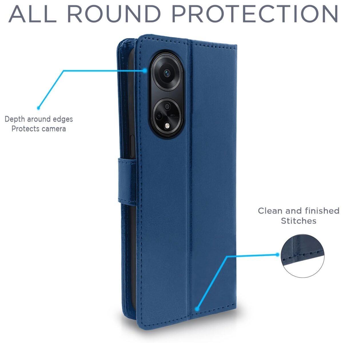 Oppo F23 5G Flip Cover Leather Finish | Inside TPU with Card Pockets | Wallet Stand and Shock Proof | Complete Protection Flip Case (Blue)