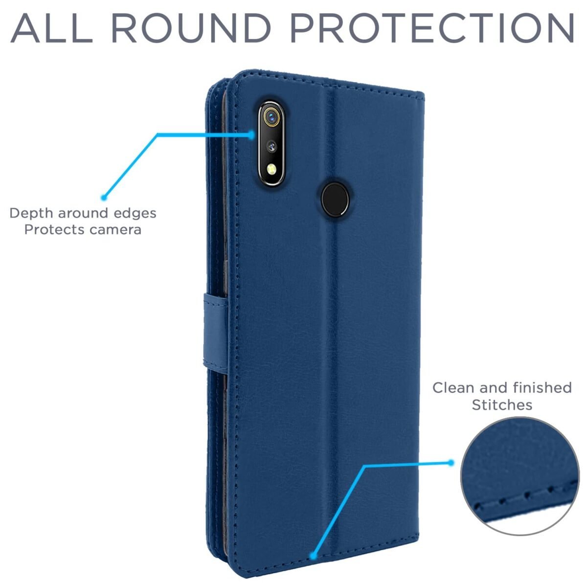 Realme 3 / 3i Flip Case Leather Finish | Inside TPU with Card Pockets | Wallet Stand and Shock Proof | Magnetic Closing | Complete Protection Flip Cover for Realme 3 / 3i (Blue)