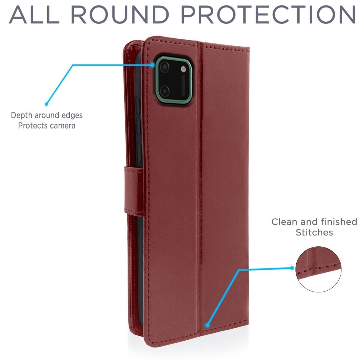 Realme C11 Flip Case Leather Finish | Inside TPU with Card Pockets | Wallet Stand and Shock Proof | Magnetic Closing | Complete Protection Flip Cover for Realme C11 (Brown)