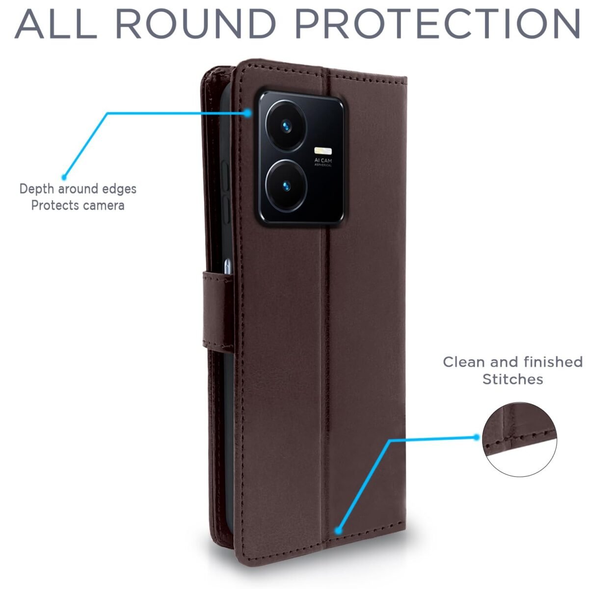 Vivo Y22 Flip Case Leather Finish | Inside TPU with Card Pockets | Wallet Stand and Shock Proof | Magnetic Closing | Complete Protection Flip Cover for Vivo Y22 (Coffee)