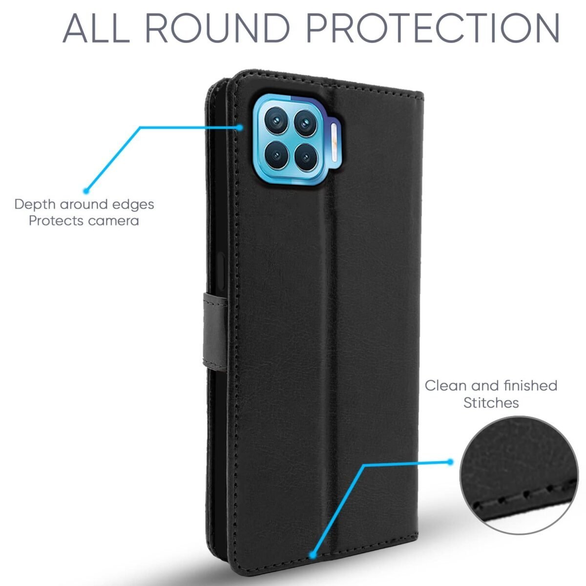 Oppo F17 Pro Flip Case Leather Finish | Inside TPU with Card Pockets | Wallet Stand and Shock Proof | Magnetic Closing | Complete Protection Flip Cover for Oppo F17 Pro (Black)