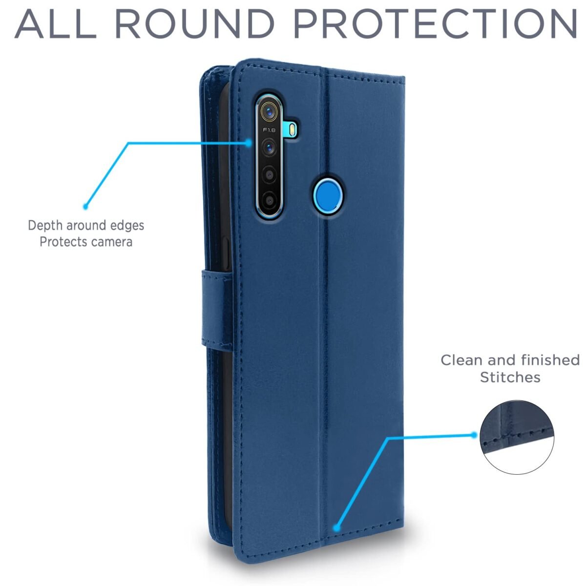 RealMe 5 / 5s / 5i Flip Cover Leather Finish | Inside TPU with Card Pockets | Wallet Stand and Shock Proof | Magnetic Closing | Complete Protection Flip Case (Blue)