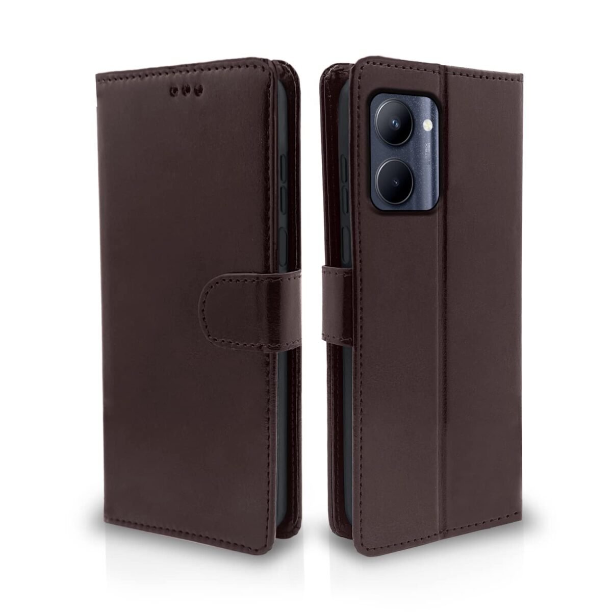 Realme C33 Flip Case Leather Finish | Inside TPU with Card Pockets | Wallet Stand and Shock Proof | Magnetic Closing | Complete Protection Flip Cover (Coffee)