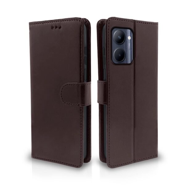 Realme C33 Flip Case Leather Finish | Inside TPU with Card Pockets | Wallet Stand and Shock Proof | Magnetic Closing | Complete Protection Flip Cover (Coffee)