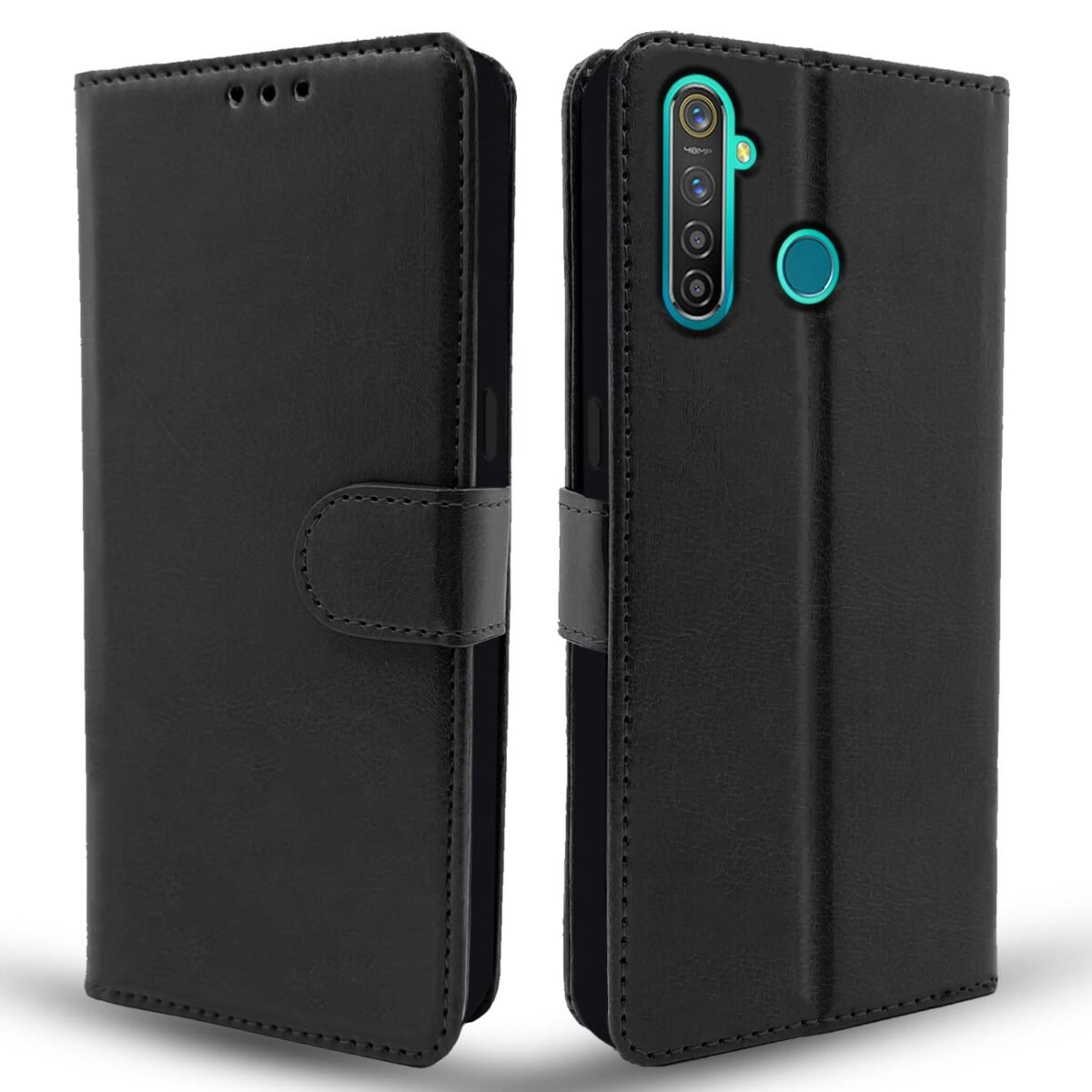 Realme 5 Pro Flip Case Leather Finish | Inside TPU with Card Pockets | Wallet Stand and Shock Proof | Magnetic Closing | Complete Protection Flip Cover for Realme 5 Pro (Black)