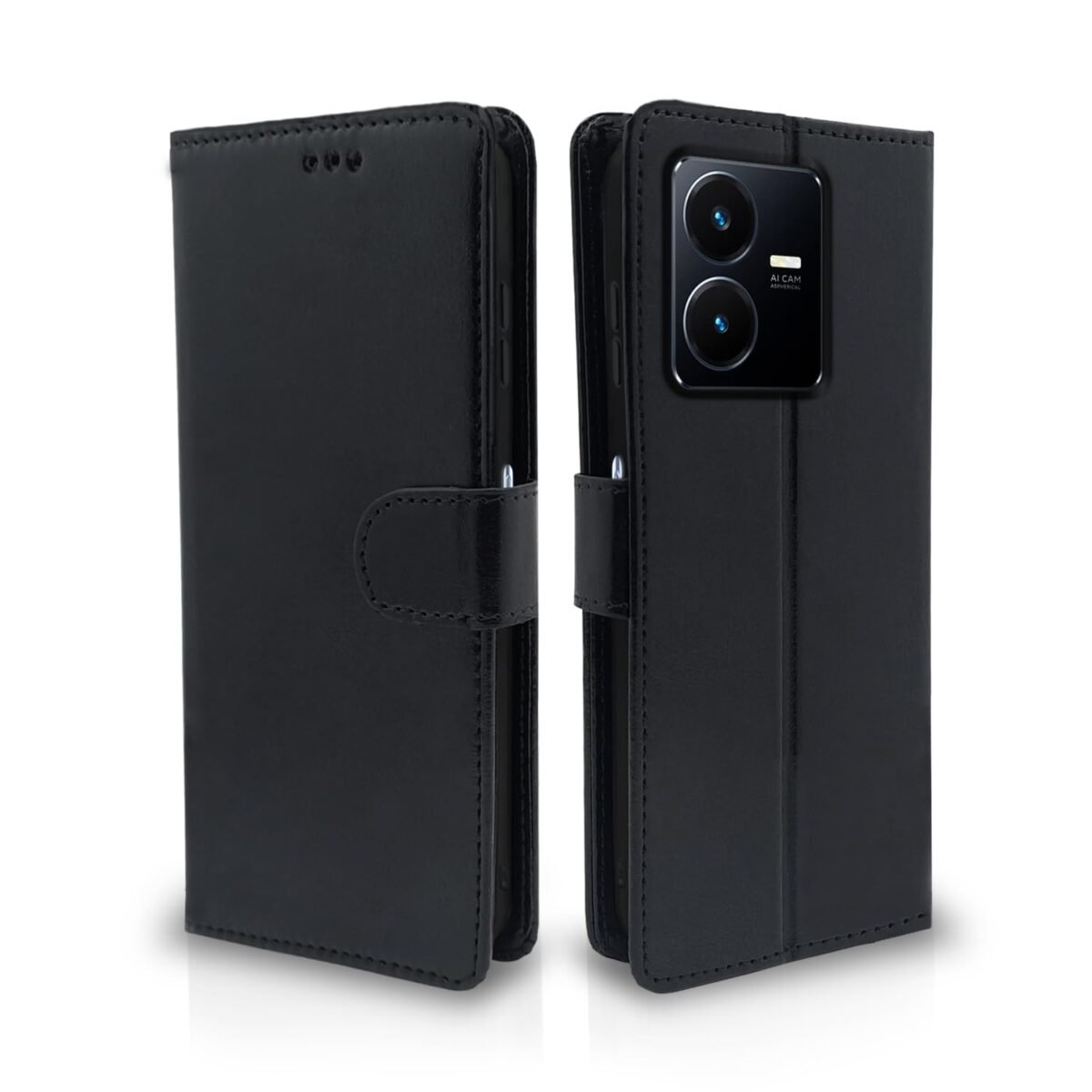 Vivo Y22 Flip Case Leather Finish | Inside TPU with Card Pockets | Wallet Stand and Shock Proof | Magnetic Closing | Complete Protection Flip Cover for Vivo Y22 (Black)