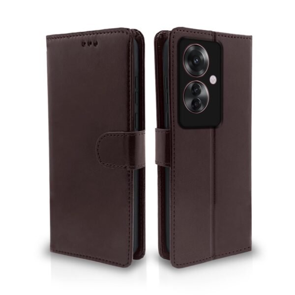 Oppo F25 Pro 5G Flip Cover Leather Finish | Inside TPU with Card Pockets | Wallet Stand and Shock Proof | Complete Protection Flip Case (Coffee)