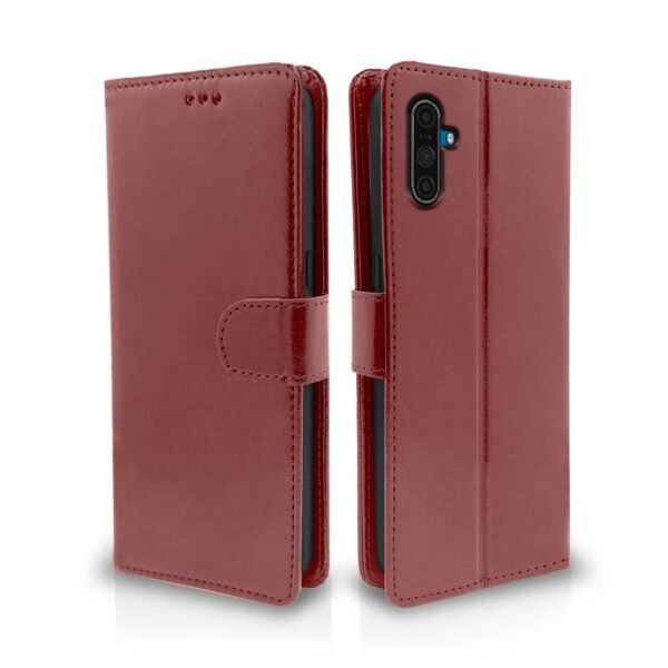 Realme C3 Flip Case Leather Finish | Inside TPU with Card Pockets | Wallet Stand and Shock Proof | Magnetic Closing | Complete Protection Flip Cover for Realme C3 (Brown)
