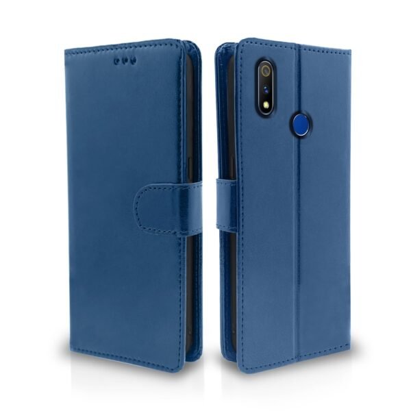 Realme 3 Pro Flip Cover Leather Finish | Inside TPU with Card Pockets | Wallet Stand and Shock Proof | Complete Protection Flip Case (Blue)