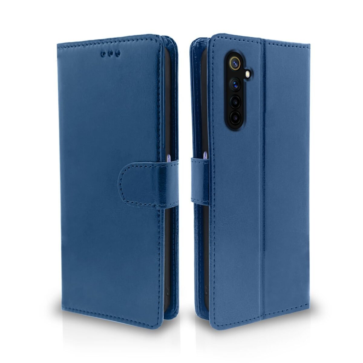 Realme 6 Flip Case Leather Finish | Inside TPU with Card Pockets | Wallet Stand and Shock Proof | Magnetic Closing | Complete Protection Flip Cover for Realme 6 (Blue)