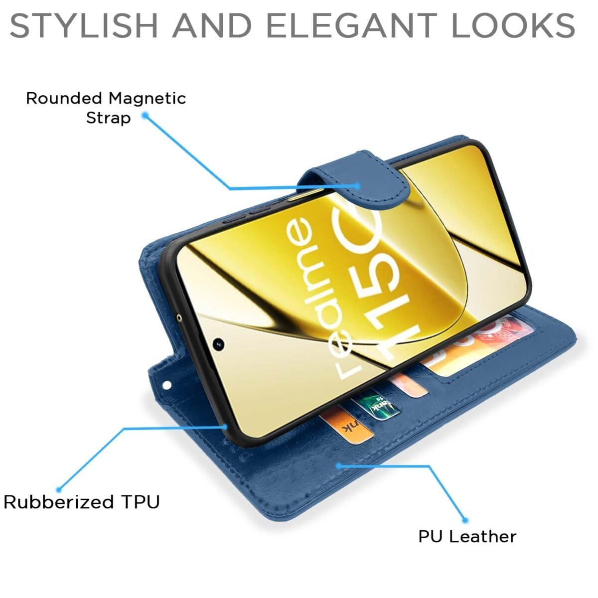 Realme 11 / 11X 5G / Narzo 60X 5G Flip Cover Leather Finish | Inside TPU with Card Pockets | Wallet Stand and Shock Proof | Complete Protection Flip Case (Blue)