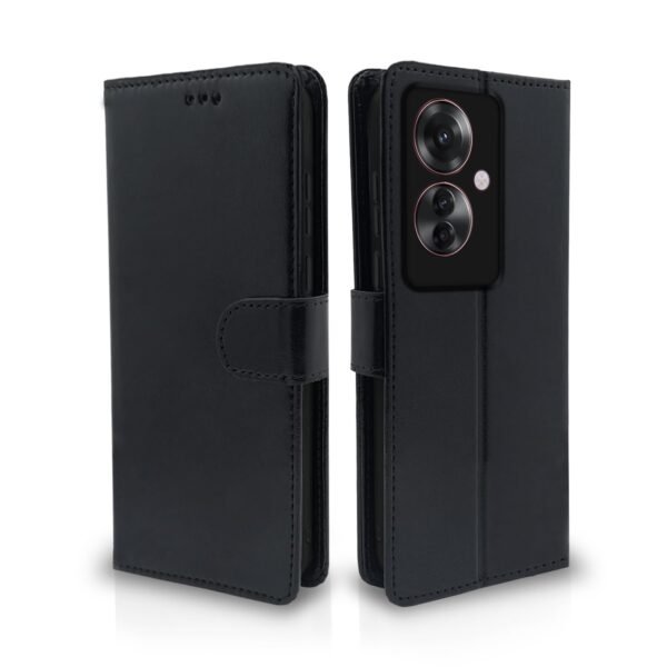 Oppo F25 Pro 5G Flip Cover Leather Finish | Inside TPU with Card Pockets | Wallet Stand and Shock Proof | Complete Protection Flip Case (Black)
