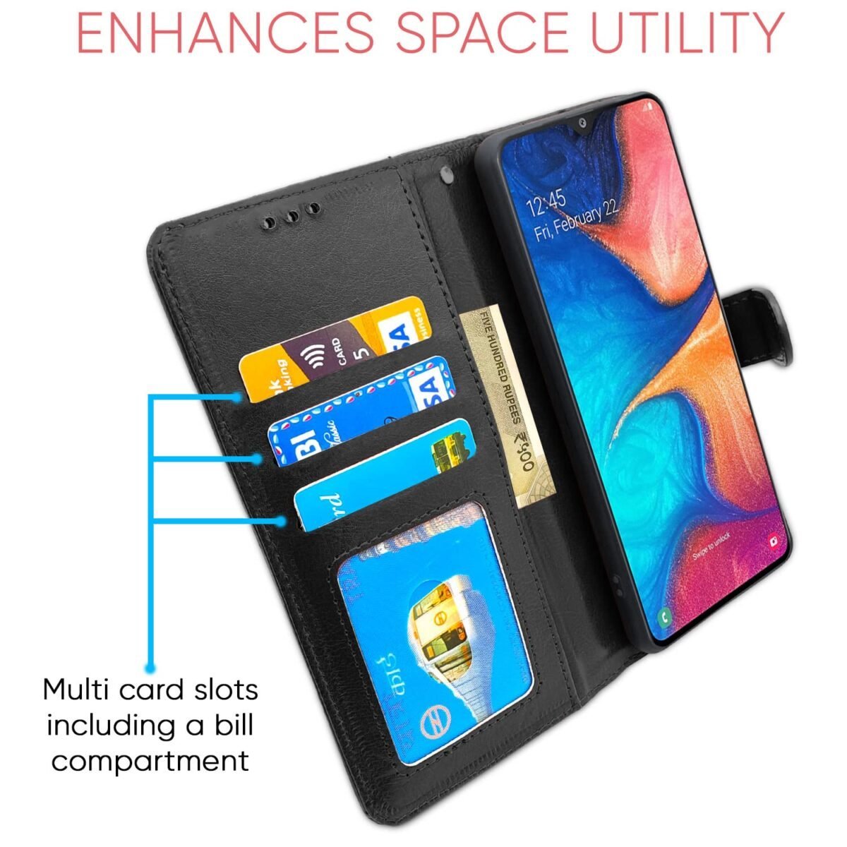 Samsung Galaxy A30 / A20 / M10s Flip Case Leather Finish | Inside TPU with Card Pockets | Wallet Stand and Shock Proof | Magnetic Closing | Complete Protection Flip Cover (Black)
