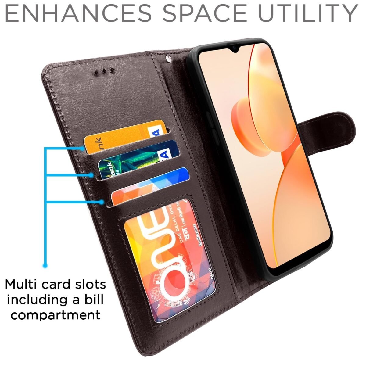 Realme C31 Flip Cover Leather Finish | Inside TPU with Card Pockets | Wallet Stand and Shock Proof | Complete Protection Flip Case (Coffee)
